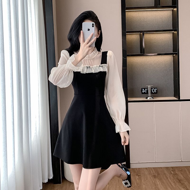 A라인 메시 스플라이싱 미니드레스 스퀘어넥 파티룩 여름 스타일링 휴양지 외출용 여성스러운 디자인 레드 포인트 - 상세 이미지 3