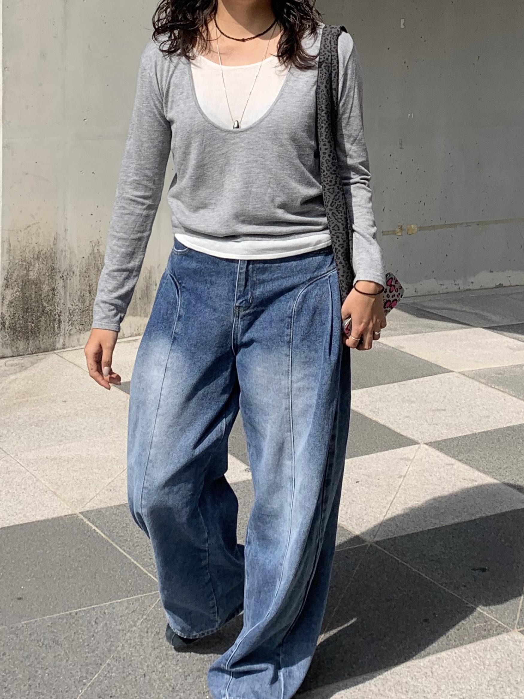 와이드청바지 블루핏데님 커브드 절개 연청바지 빈티지워싱 기장선택 - 상세 이미지 3