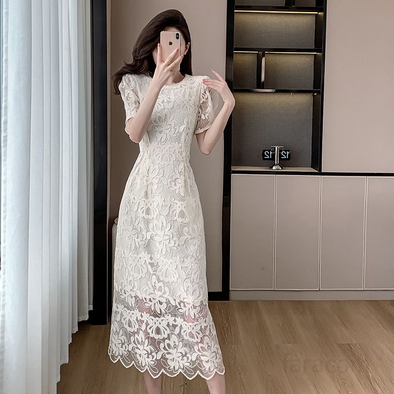 레이스 롱원피스 여름 여성 하객룩 스타일 슬림핏 라운드넥 우아한 디자인 데일리 캐주얼 드레스 시원한 착용감 - 상세 이미지 2