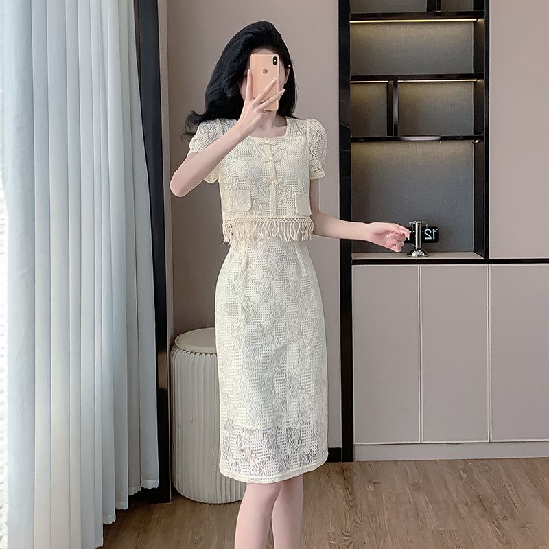 여성 레이스 태슬 드레스 여름 신상 스퀘어 칼라 중국식 단추 중장기장 원피스 스타일리시한 디자인 편안한 착용감 복고풍 미디 기장 데일리룩 - 상품 이미지