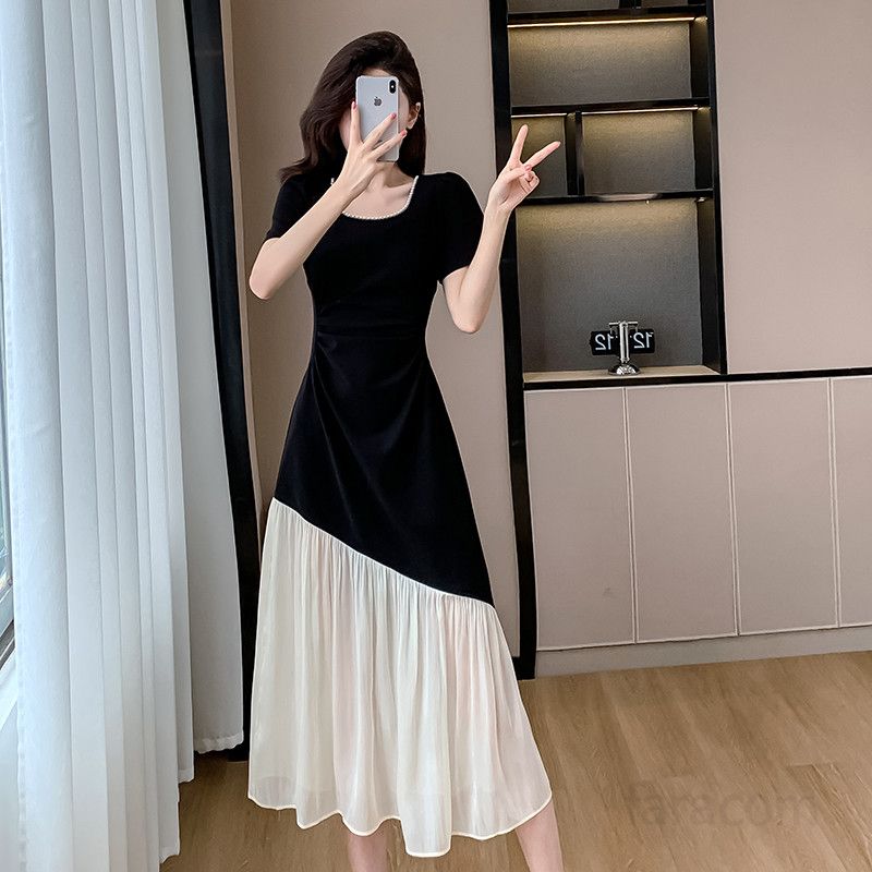 여성 여름 롱 드레스 프렌치 스퀘어 칼라 플리츠 허리 메시 스플라이싱 시원하고 우아한 휴양지룩 바캉스원피스 데일리룩 - 상세 이미지 3