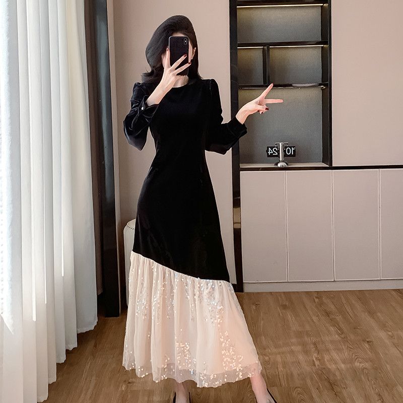 긴팔 슬림 벨벳 롱드레스 파티 웨딩 촬영용 고급스러운 여성 원피스 스팽글 디테일 실물 느낌 연주회 피로연 착용 적합 - 상품 이미지