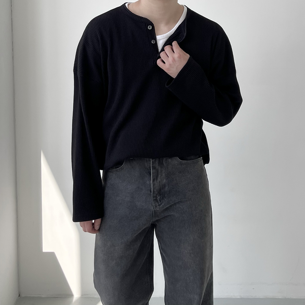1+1 헨리넥긴팔 헨리넥 남자오버핏긴팔티 와플티 이미지 3