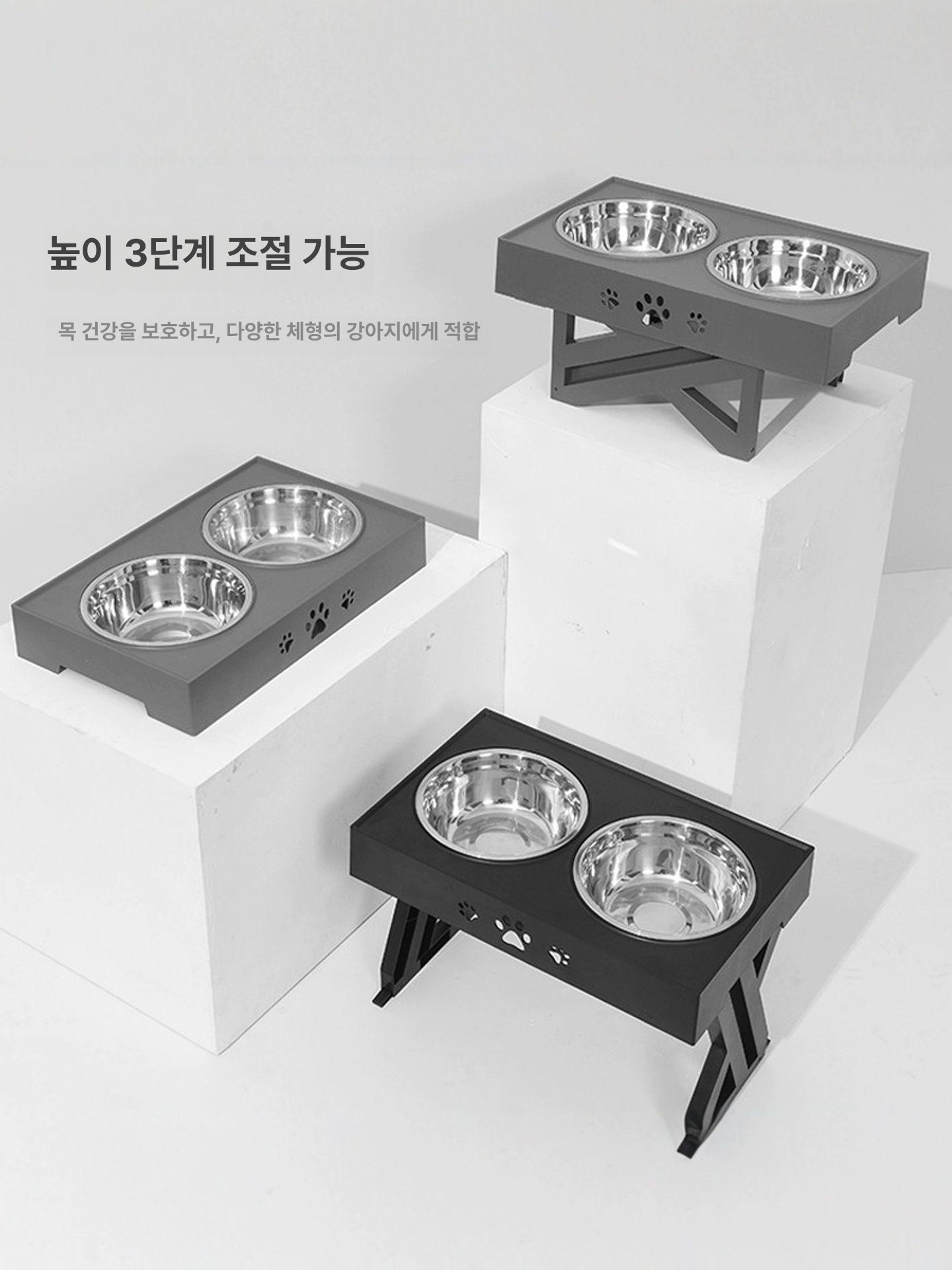 사료계량컵 더블 강아지 먹이통 공급기 사료통 스테인리스스틸 강아지사료 강아지밥그릇 간식 이중 그릇 블랙 그릇포함 3단계 조절 XL-초대형 - 상세 이미지 3