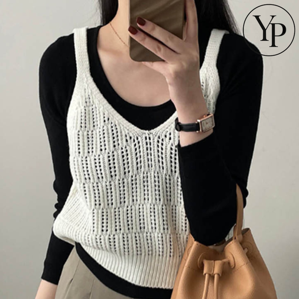 니트 뷔스티에 그물 조끼 레이어드 베스트 크롭 여름 뜨개 데일리 패션 의상 - 메인 이미지
