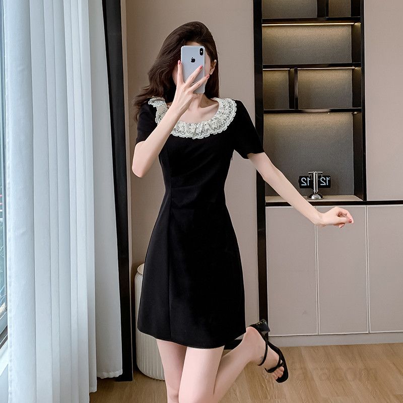 레이스 플리츠 라운드넥 여름원피스 슬리밍 숏드레스 여성 데일리 시원한 착용감 하객룩 스타일링 플레어 디자인 - 상세 이미지 2