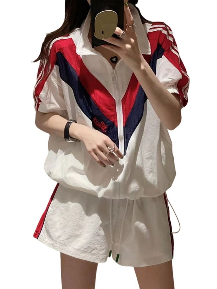 반바지 여자 반팔 셋업 헬스복 투인원 티셔츠 상하 우먼스 반집업 트레이닝복 레드 M 50.0kg이하권장 - 상품 이미지