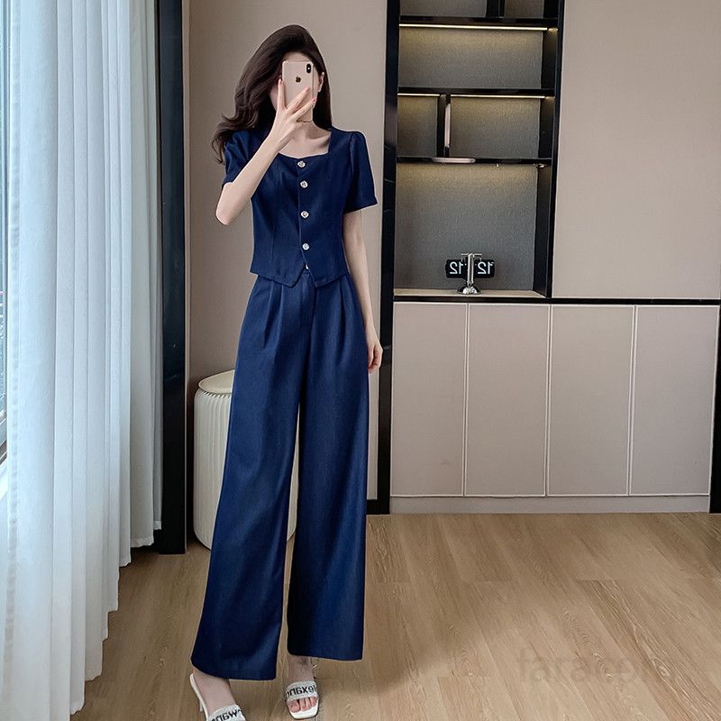 여성 텐셀 데님 와이드팬츠 투피스 세트 여름 캐주얼 청바지 스타일 메탈 버클 포인트 시원한 착용감 슬림핏 코디용 트렌디한 청청 코디 봄가을 활용 가능 - 상세 이미지 3