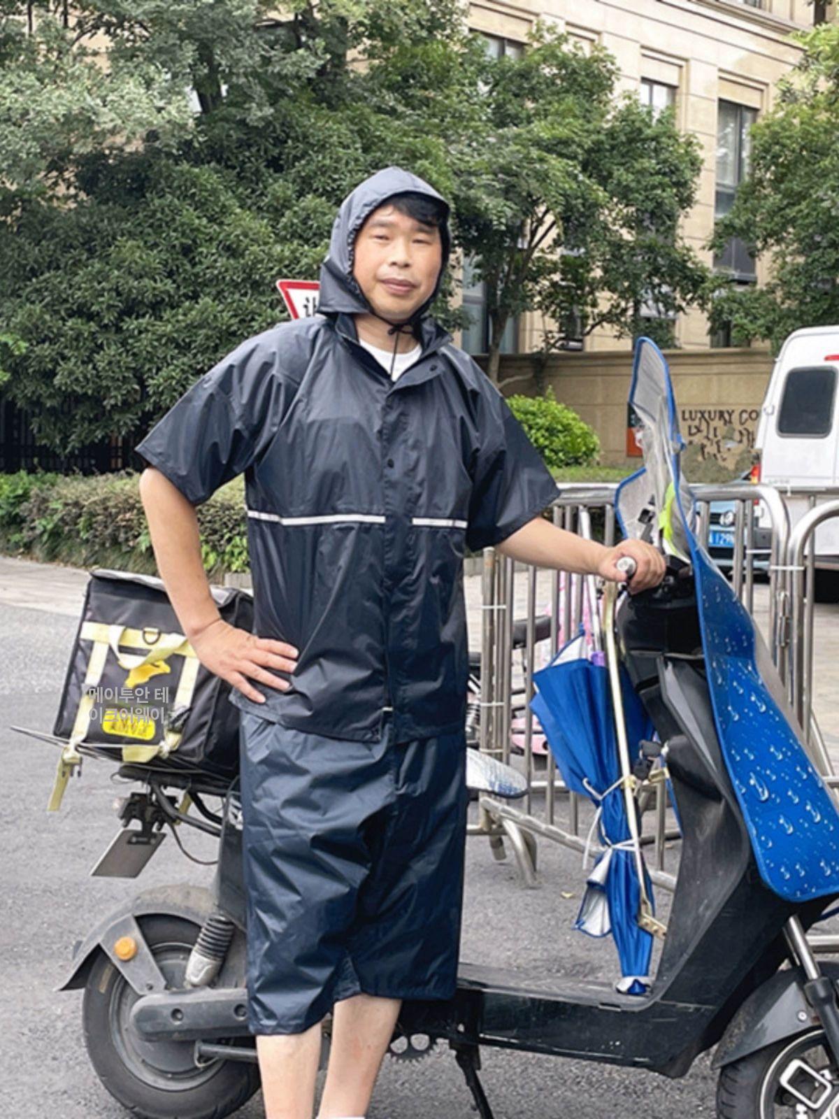 반팔 레인코트 반바지 주머니가 밴딩 방수 우비 중바지 있어 짙은 파랑 우의 더블레이어 다크블루반팔중간바지세트포켓없음 XL - 상세 이미지 5