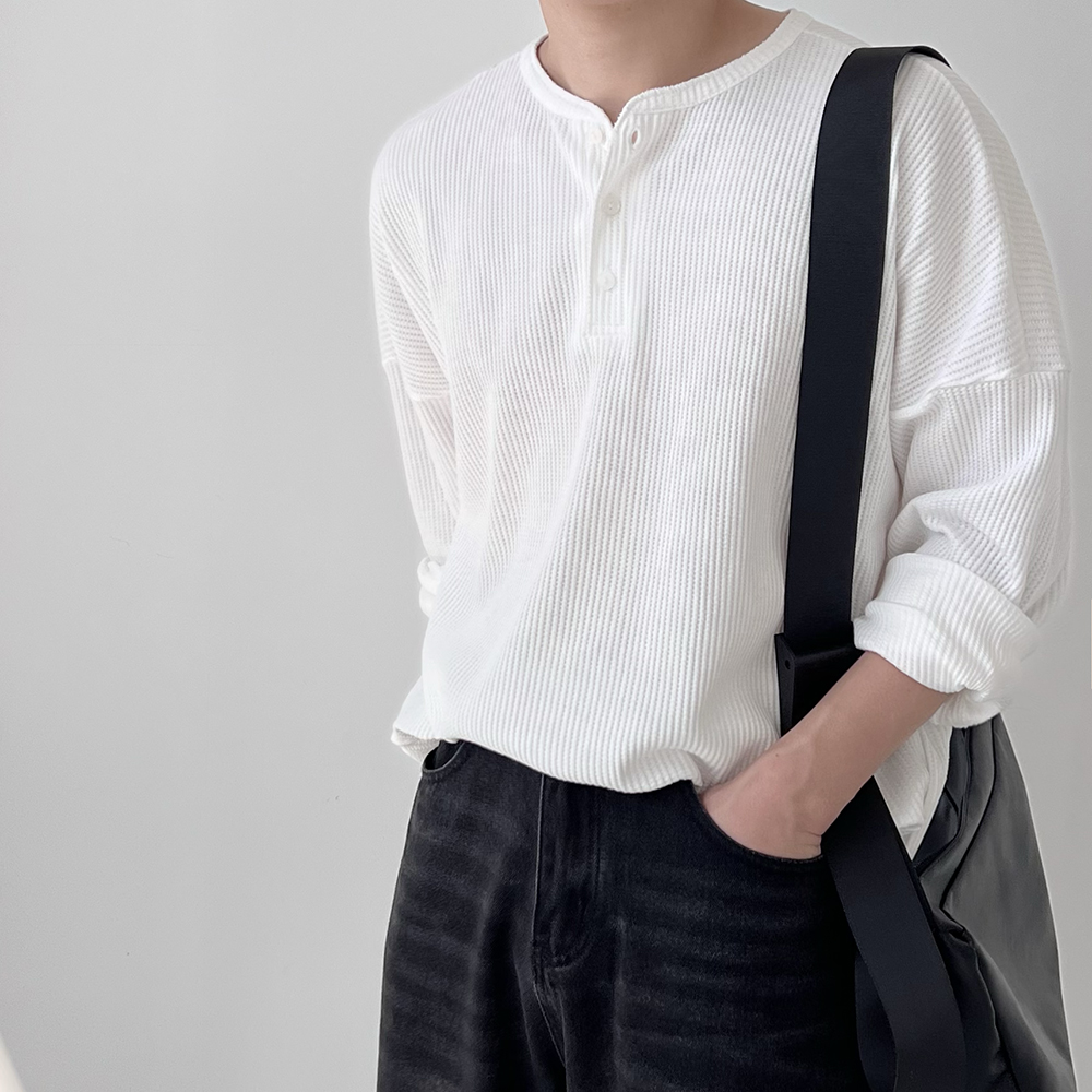 1+1 헨리넥긴팔 헨리넥 남자오버핏긴팔티 와플티 이미지 4