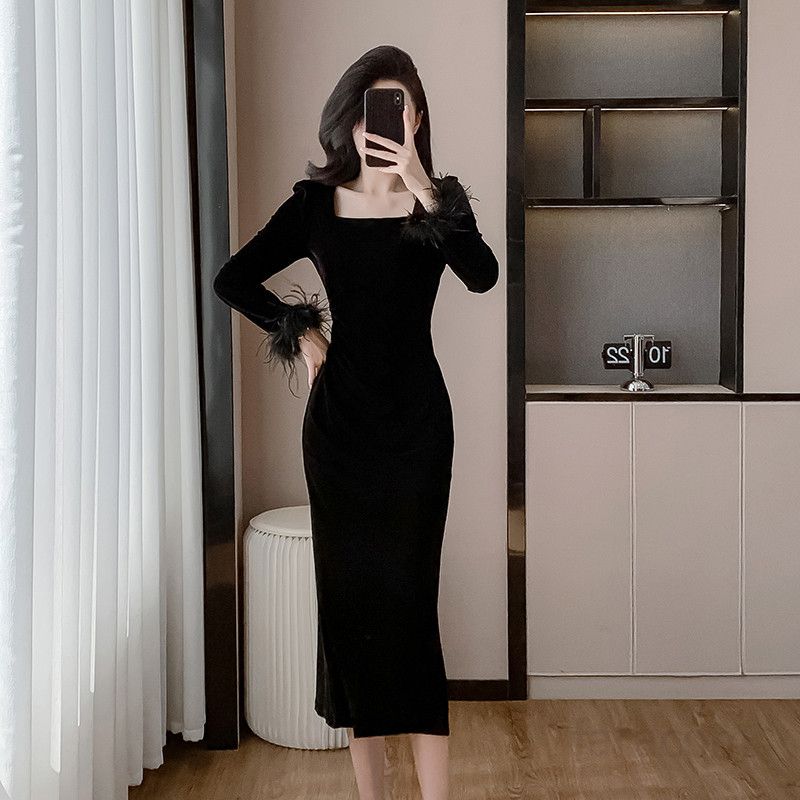 긴팔 슬림 벨벳 롱드레스 여성용 파티드레스 고급스러운 프렌치 스퀘어 칼라 우아한 디자인 결혼식 촬영 연주복 적합 데일리룩 - 상세 이미지 4