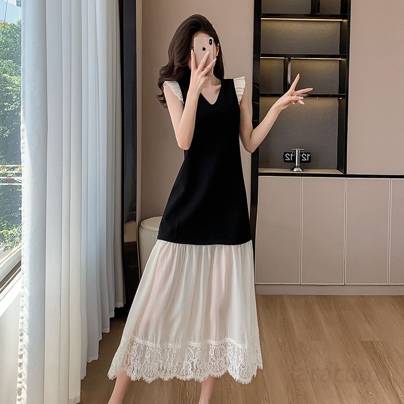 여성 레이스 롱원피스 여름용 프렌치 스타일 오간자 블랙 드레스 우아한 디자인의 데일리룩 하객룩 바캉스룩