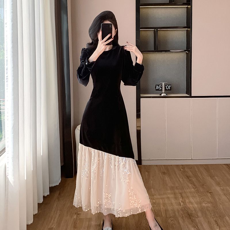 긴팔 슬림 벨벳 롱드레스 파티 웨딩 촬영용 고급스러운 여성 원피스 스팽글 디테일 실물 느낌 연주회 피로연 착용 적합 - 상세 이미지 2