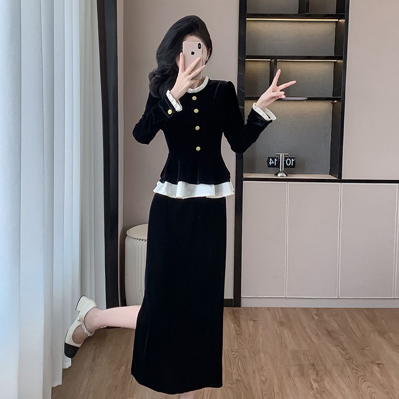 여성 벨벳 롱 투피스 세트 프렌치 스타일 가을 라운드넥 러플 스커트 우아한 실루엣의 여성가을원피스 하객룩 - 상세 이미지 4