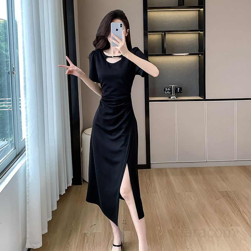 여성용 여름 플리츠 드레스 미디 길이 슬릿 허리 슬리밍 스타일 감각적인 디자인 중장기장 여성원피스 데일리 시원한 착용감 편안한 외출용 - 상품 이미지