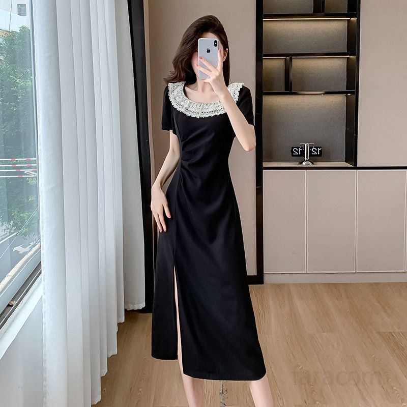 레이스 플리츠 라운드넥 여름원피스 슬리밍 숏드레스 여성 데일리 시원한 착용감 하객룩 스타일링 플레어 디자인 - 상세 이미지 5