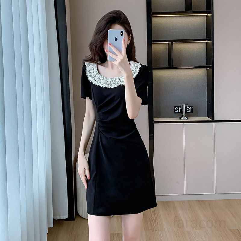 레이스 플리츠 라운드넥 여름원피스 슬리밍 숏드레스 여성 데일리 시원한 착용감 하객룩 스타일링 플레어 디자인 - 상세 이미지 4