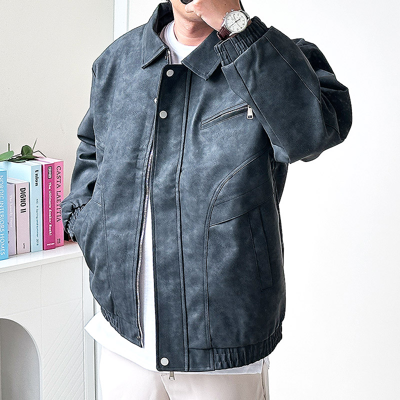 남자가죽자켓 비건레더 라이더자켓 블루종 집업 점퍼 이미지 7