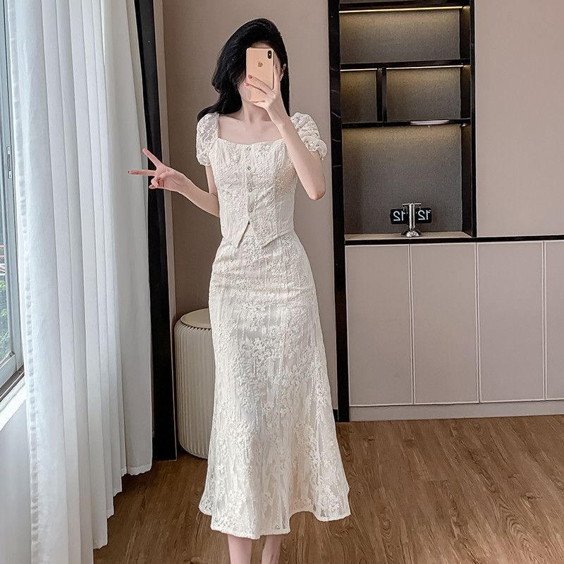 여성 여름 자수 스퀘어넥 롱피쉬테일 투피스 세트 드레스 살구색 고급스러운 스타일 데일리룩 파티룩 활용 가능 - 상세 이미지 2