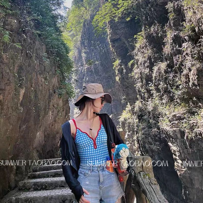 체크 수영복 호캉스 수영장 비치수영복 강습용수영복 여자수영복 실내수영복 여성수영복 피코크블루 M 45.0-52.5kg - 상세 이미지 3