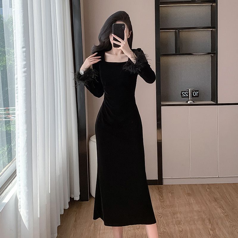 긴팔 슬림 벨벳 롱드레스 여성용 파티드레스 고급스러운 프렌치 스퀘어 칼라 우아한 디자인 결혼식 촬영 연주복 적합 데일리룩 - 상세 이미지 5