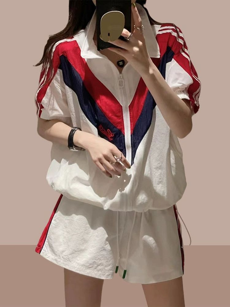 반바지 여자 반팔 셋업 헬스복 투인원 티셔츠 상하 우먼스 반집업 트레이닝복 레드 M 50.0kg이하권장 - 상세 이미지 2