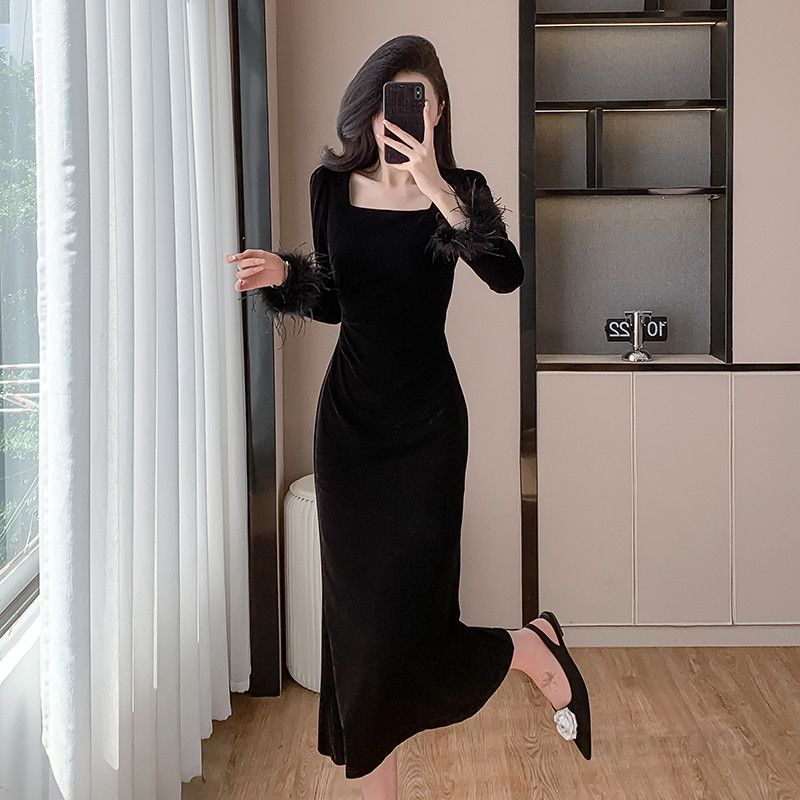 긴팔 슬림 벨벳 롱드레스 여성용 파티드레스 고급스러운 프렌치 스퀘어 칼라 우아한 디자인 결혼식 촬영 연주복 적합 데일리룩 - 상품 이미지