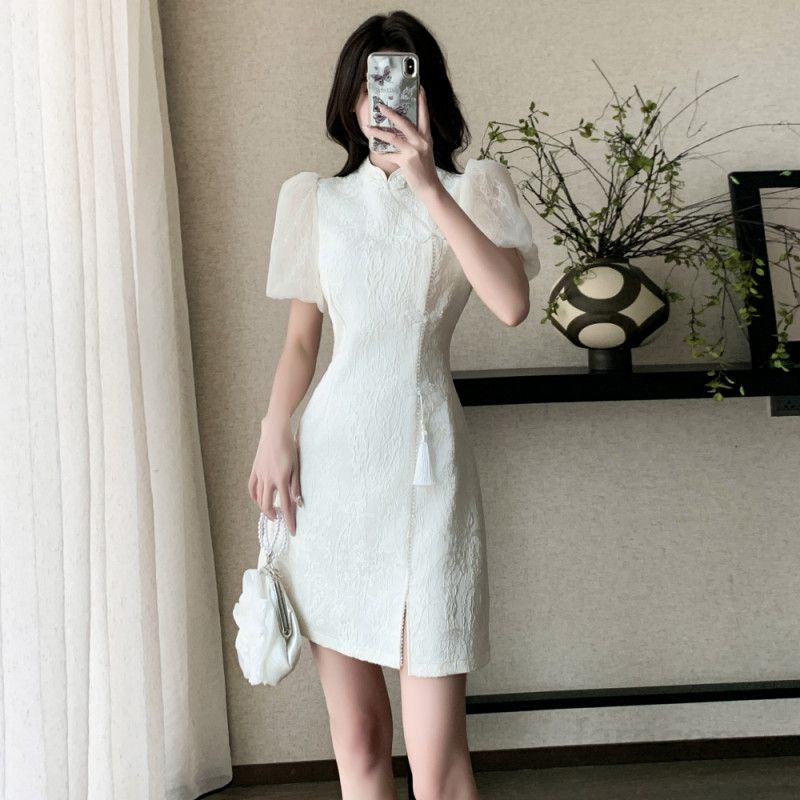여성 중국풍 치파오 원피스 여름 파티복 개량형 디자인 슬리밍 숏드레스 빈티지 스타일 연예인 착용 연출 가능한 모던한 의상 - 상세 이미지 3