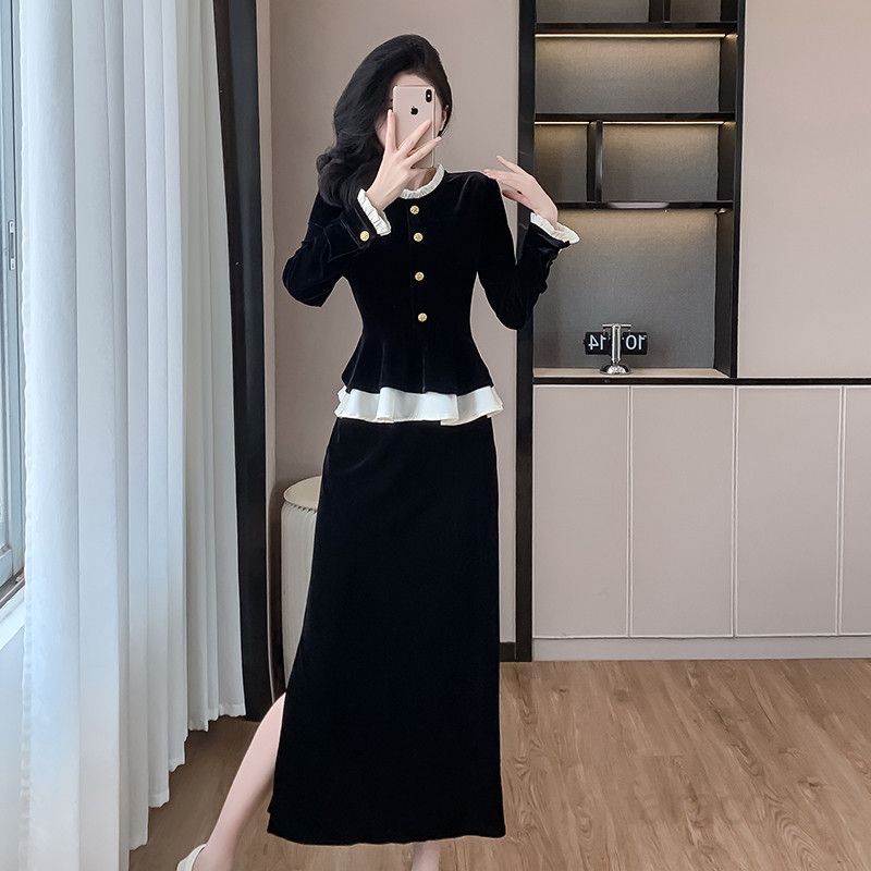 여성 벨벳 롱 투피스 세트 프렌치 스타일 가을 라운드넥 러플 스커트 우아한 실루엣의 여성가을원피스 하객룩