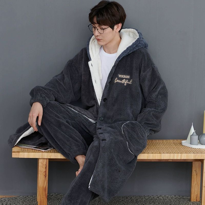 남성 겨울 잠옷 상하세트 주머니 수면바지 따뜻한 파자마 박사이즈 남성잠옷 남자잠옷 5801 그레이 바지 포함 7XL 137.5~150kg - 상세 이미지 2