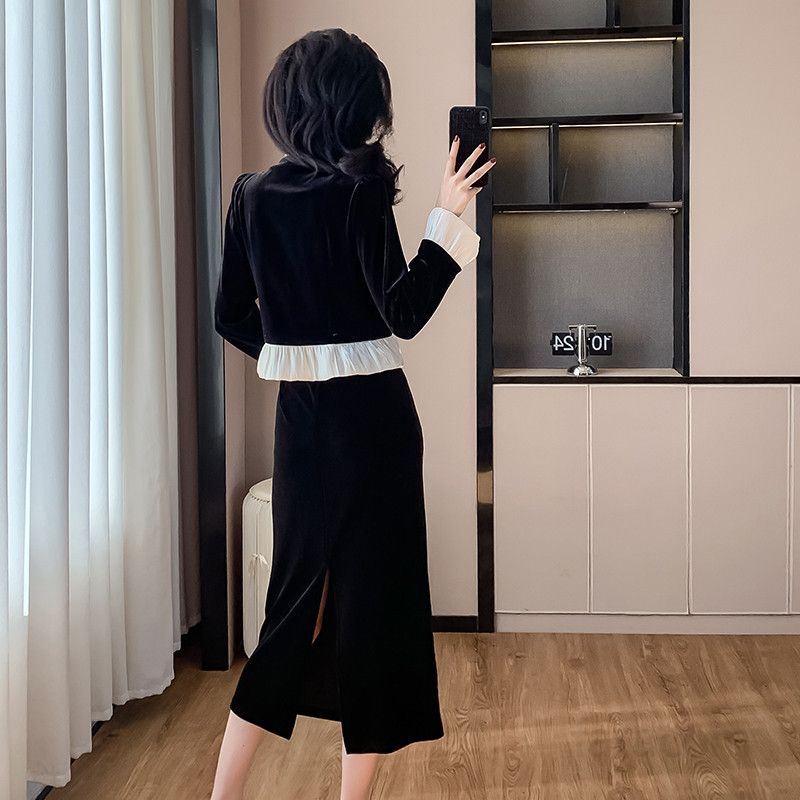 가을 벨벳 롱 원피스 여성 V넥 러플 스타일 하객룩 드레스 우아한 디자인 데일리 착용감 좋은 특별한 날 외출용 - 상세 이미지 5