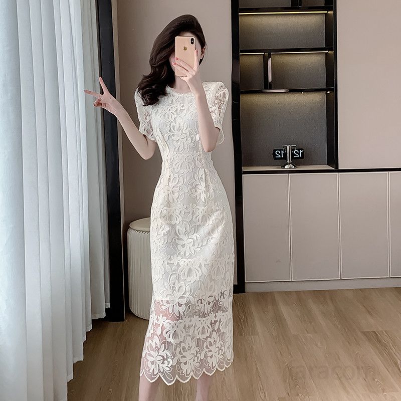 레이스 롱원피스 여름 여성 하객룩 스타일 슬림핏 라운드넥 우아한 디자인 데일리 캐주얼 드레스 시원한 착용감 - 상품 이미지