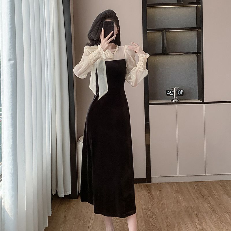 여성 긴팔 벨벳 드레스 가을 슬림핏 A라인 롱원피스 진주 리본 디테일 하객룩 파티룩 엘레강스 스타일링 매력적인 디자인