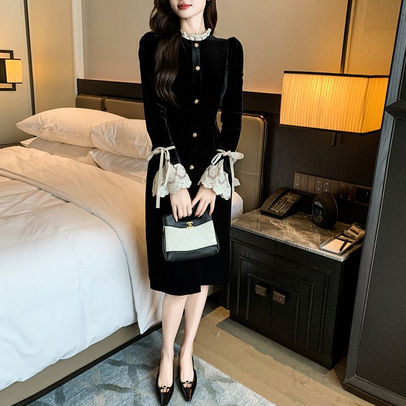 블랙 레이스 벨벳 드레스 파티룩 스퀘어넥 미니 스타일 여성스러운 우아한 디자인 특별한 날을 위한 고급스러운 선택 - 상세 이미지 2