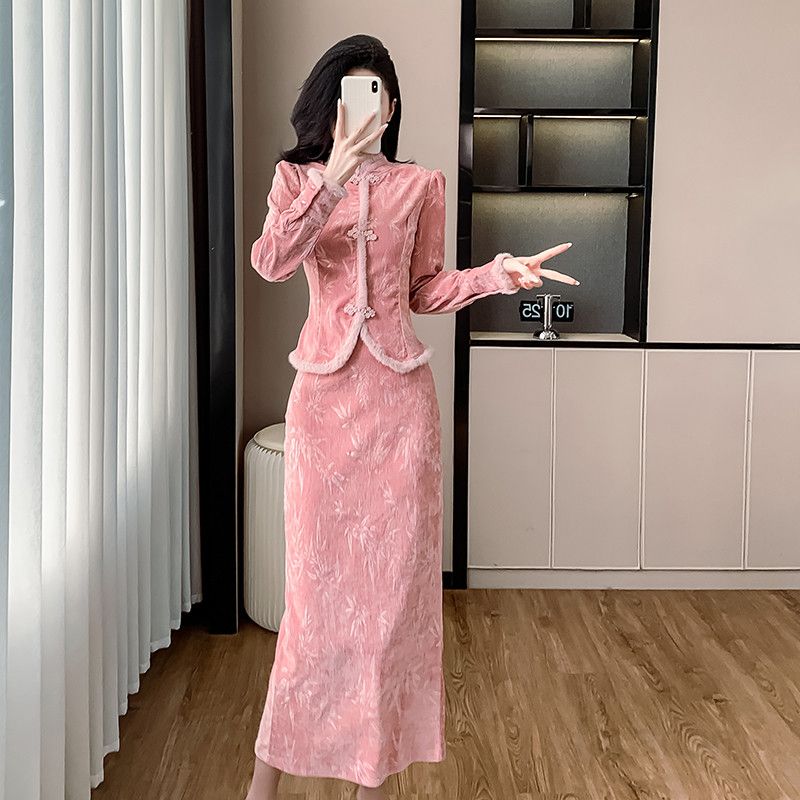 여성 내셔널 스타일 롱투피스 세트 스커트 가을 셀프웨딩 하객룩 촬영용 상견례 정장 원피스 우아한 여성셋업 빈티지 파티룩