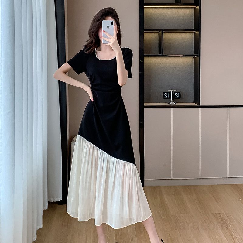 여성 여름 롱 드레스 프렌치 스퀘어 칼라 플리츠 허리 메시 스플라이싱 시원하고 우아한 휴양지룩 바캉스원피스 데일리룩 - 상세 이미지 5