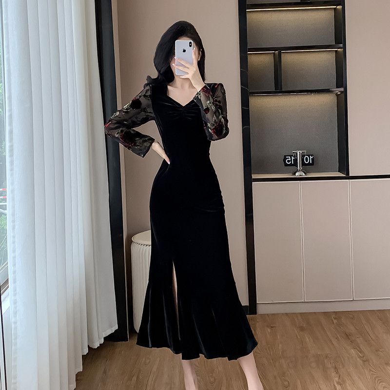 긴팔 머메이드 벨벳 드레스 가을 파티 이브닝 웨딩 촬영용 여성 롱원피스 고급스러운 플록 장미꽃 디테일 슬림핏 스타일 - 상세 이미지 2