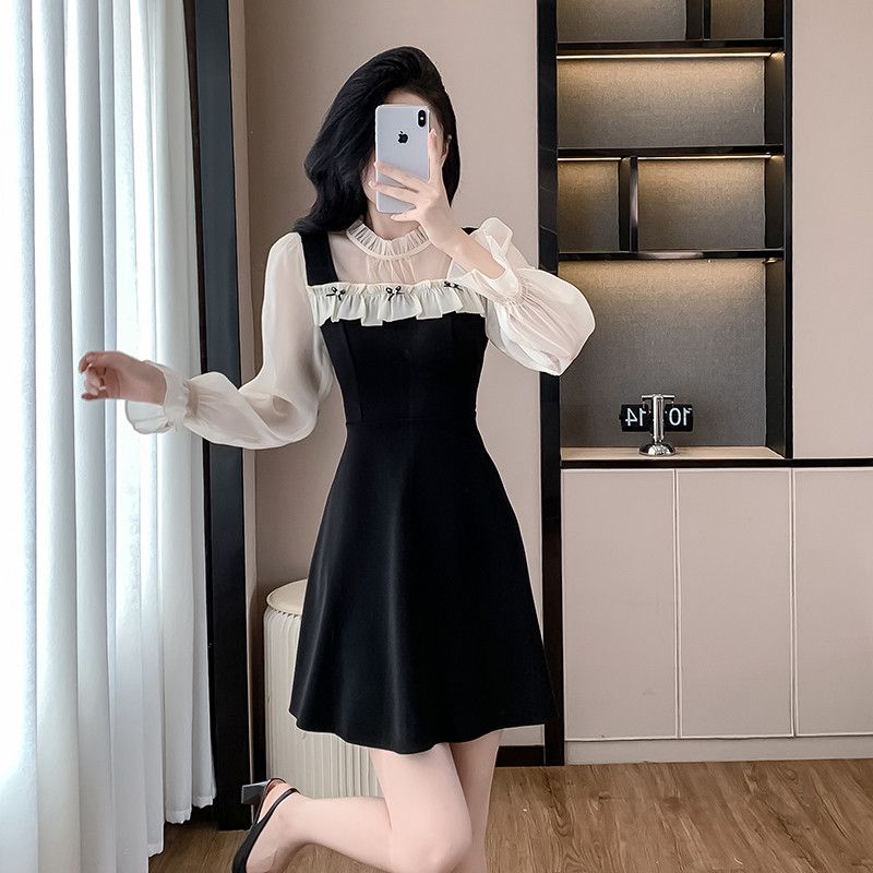 A라인 메시 스플라이싱 미니드레스 스퀘어넥 파티룩 여름 스타일링 휴양지 외출용 여성스러운 디자인 레드 포인트 - 상세 이미지 4