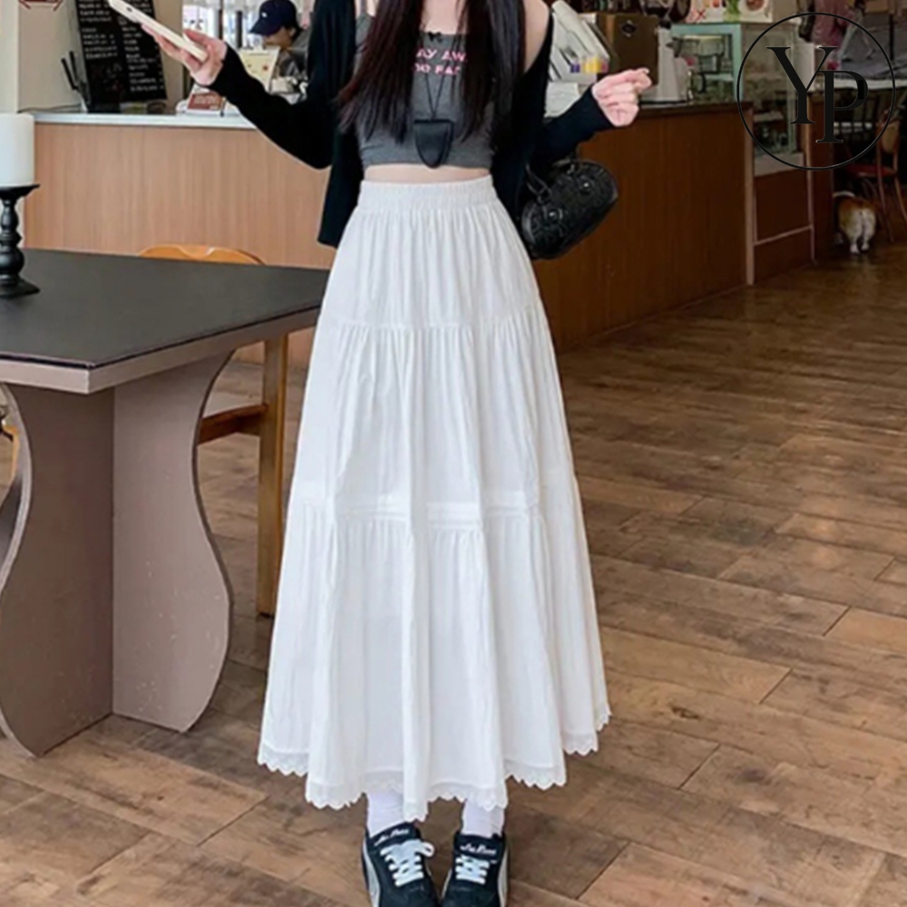 프릴 롱 스커트 레이스 벌룬 새틴 레이어드 봄 가을 간절기 플레이어 데일리 치마 패션