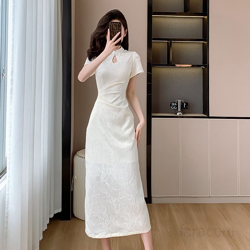 여성 여름 롱 드레스 슬림 핏 플리츠 디자인 시원한 착용감의 개량 치파오 스타일 데일리룩 휴양지원피스 - 상세 이미지 2