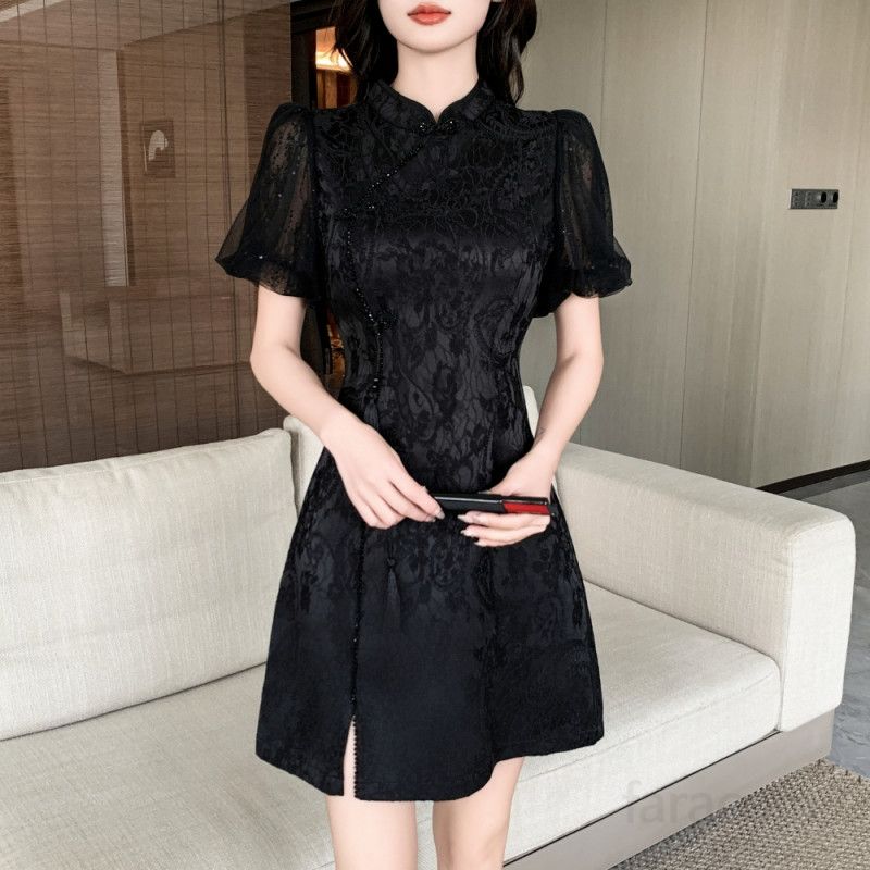 여성 중국풍 치파오 원피스 여름 파티복 개량형 디자인 슬리밍 숏드레스 빈티지 스타일 연예인 착용 연출 가능한 모던한 의상 - 상세 이미지 2
