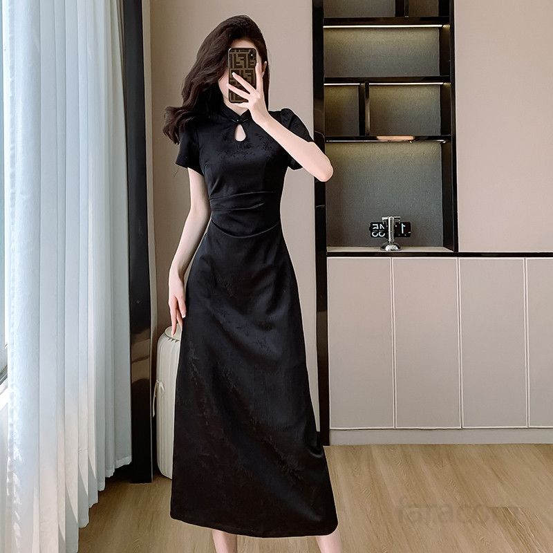 여성 여름 롱 드레스 슬림 핏 플리츠 디자인 시원한 착용감의 개량 치파오 스타일 데일리룩 휴양지원피스 - 상세 이미지 5