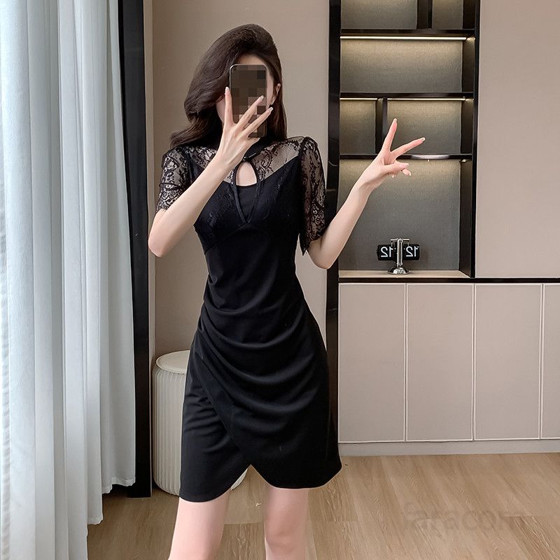 섹시 레이스 플리츠 슬림 미니드레스 여름 파티드레스 스퀘어넥 스타일 여성스러운 디자인 특별한 날을 위한 적합한 선택 - 상세 이미지 3