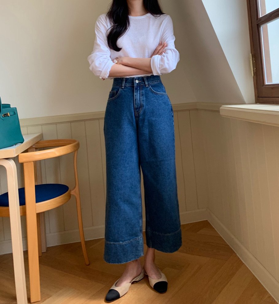 가을청바지 럭키룸 9부 넓은 밑단 트임 데님 통바지 - 상세 이미지 4