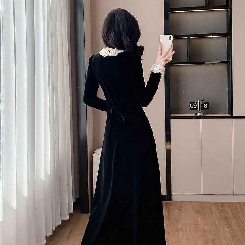 여성 메쉬 레이스 벨벳 롱 드레스 고급스러운 긴팔 파티룩 촬영용 웨딩드레스 분위기 있는 스타일 연주회 결혼식 피로연 - 상세 이미지 4