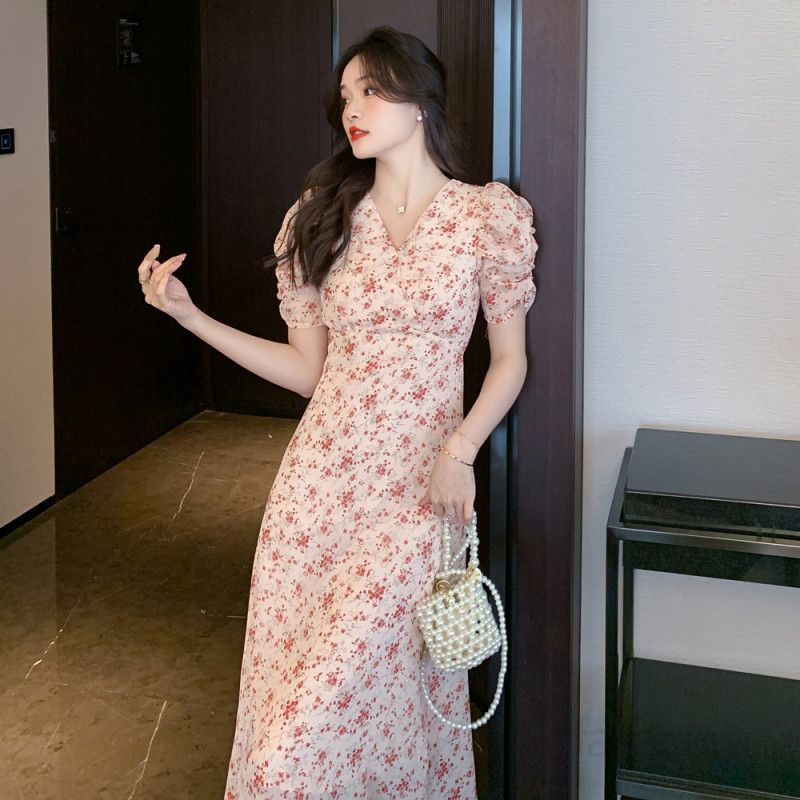 여성 쉬폰 롱원피스 여름 플로럴 V넥 퍼프 슬리브 허리 슬림핏 바캉스룩 시원한 휴양지패션 데일리 플로럴 패턴 - 상세 이미지 4