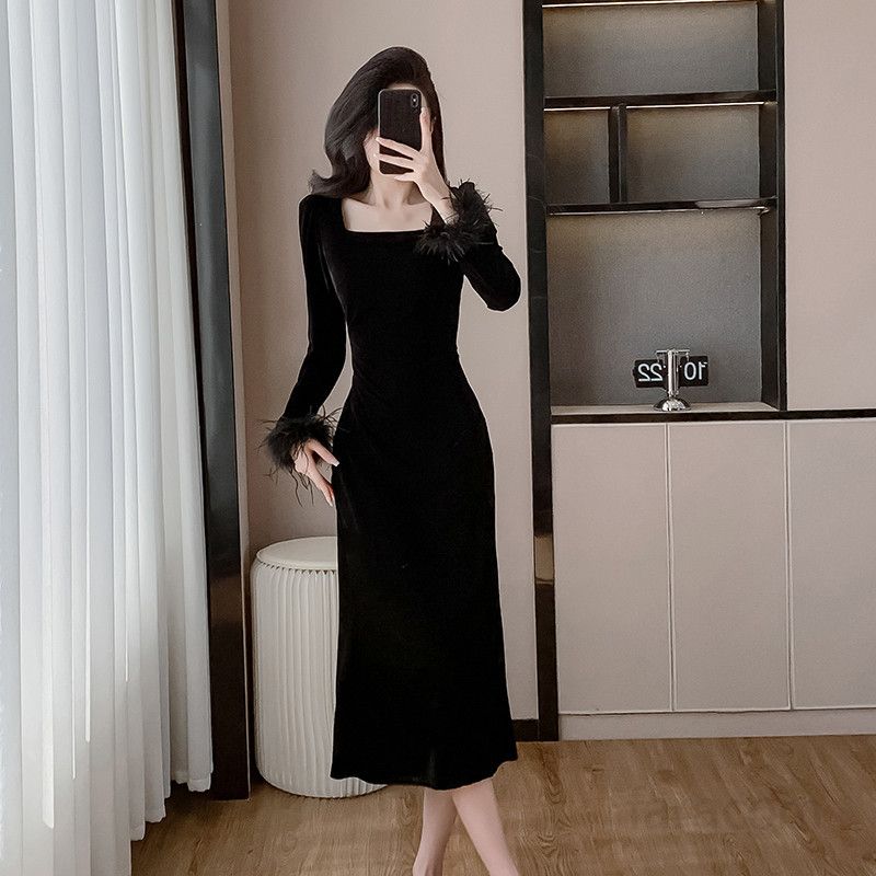 긴팔 슬림 벨벳 롱드레스 여성용 파티드레스 고급스러운 프렌치 스퀘어 칼라 우아한 디자인 결혼식 촬영 연주복 적합 데일리룩 - 상세 이미지 2