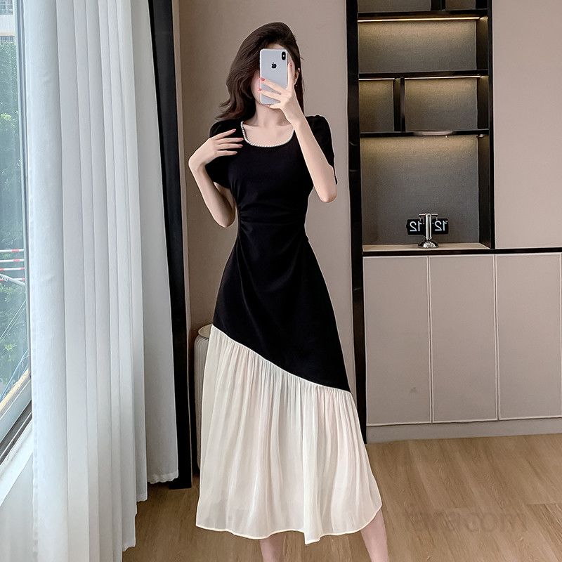여성 여름 롱 드레스 프렌치 스퀘어 칼라 플리츠 허리 메시 스플라이싱 시원하고 우아한 휴양지룩 바캉스원피스 데일리룩 - 상세 이미지 2