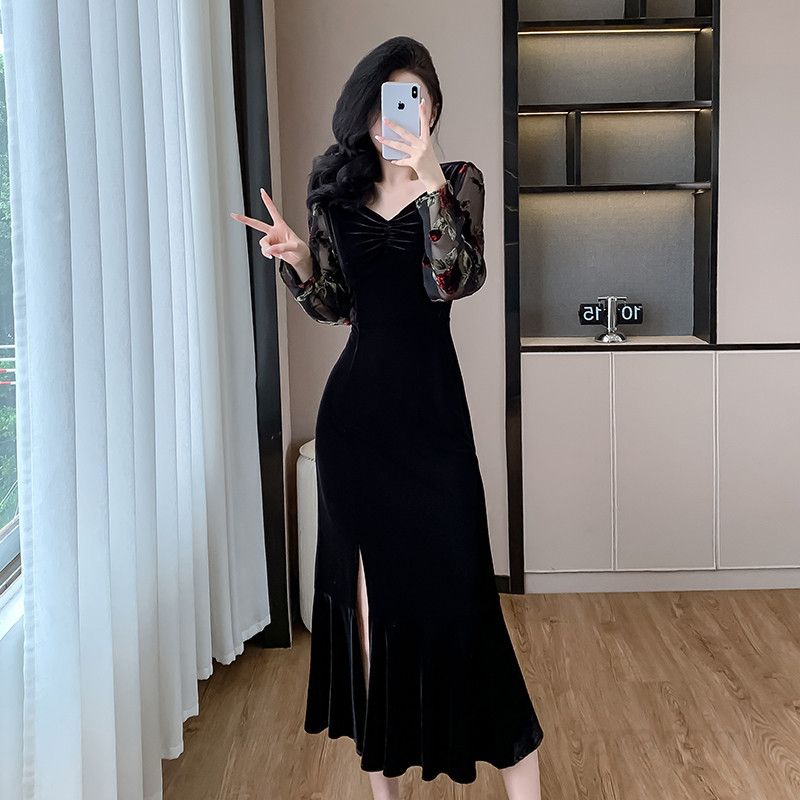 긴팔 머메이드 벨벳 드레스 가을 파티 이브닝 웨딩 촬영용 여성 롱원피스 고급스러운 플록 장미꽃 디테일 슬림핏 스타일 - 상품 이미지