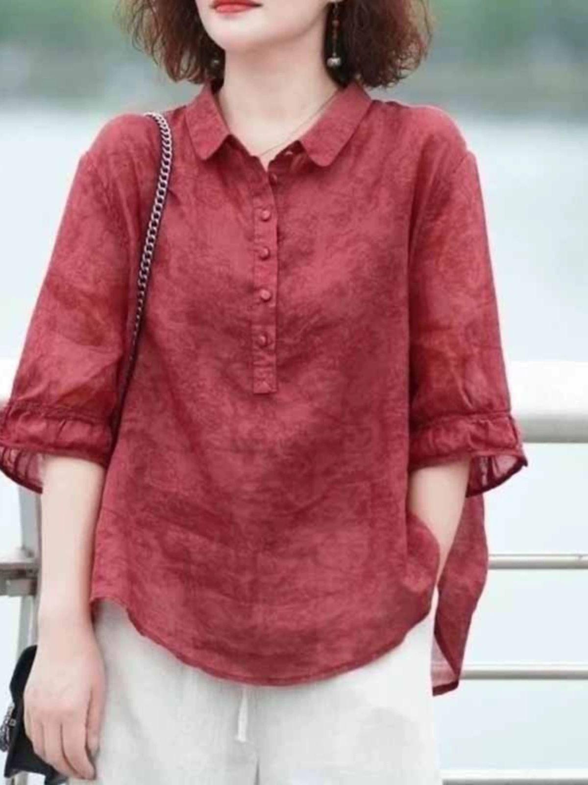 여성 모시 블라우스 민소매 젊은엄마옷 단추 사선 상의 면마 얇은 중년 브이넥 반팔 풀오버 다크네이비 재고 XL 47.5-55.0kg - 상세 이미지 2